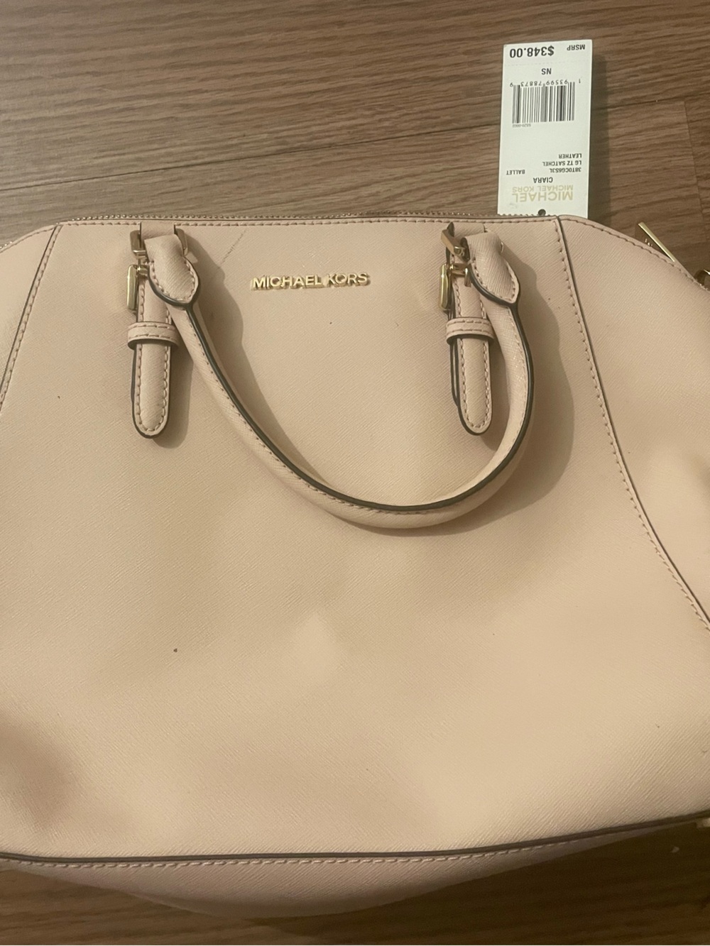 MICHAEL KORS Pale Pink Saffiano Leather Satchel with Gold Hardware